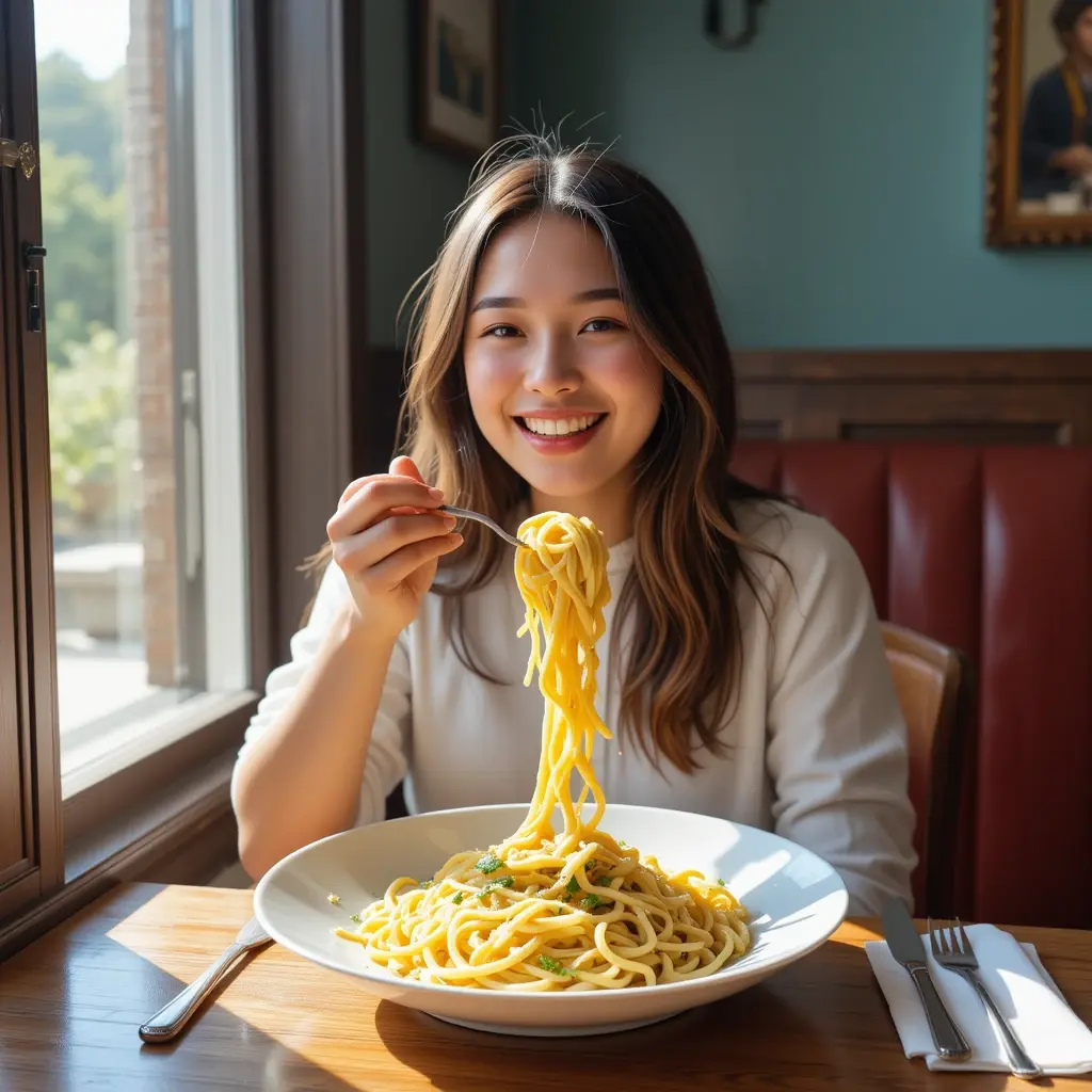 Happy woman eating fettuccine aglio e olio at home

