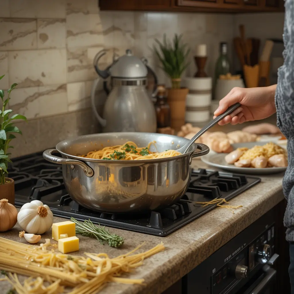  A person preparing garlic-butter chicken spaghetti in a cozy kitchen setting 