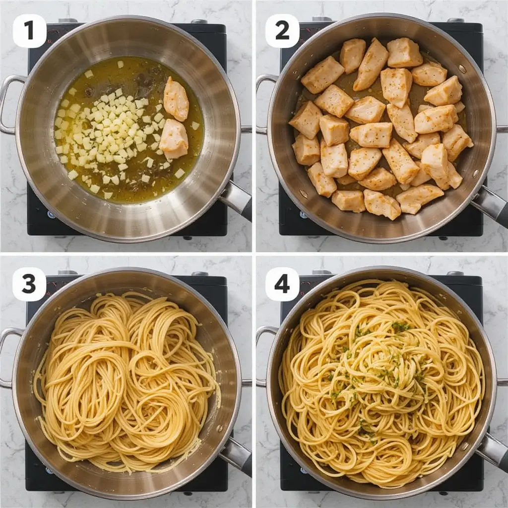 A 4-step collage showing how to make garlic-butter chicken spaghetti