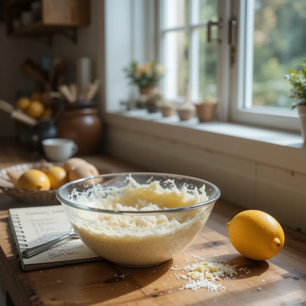 Cozy kitchen with lemon coconut mixture and handwritten recipe on a wooden countertop 