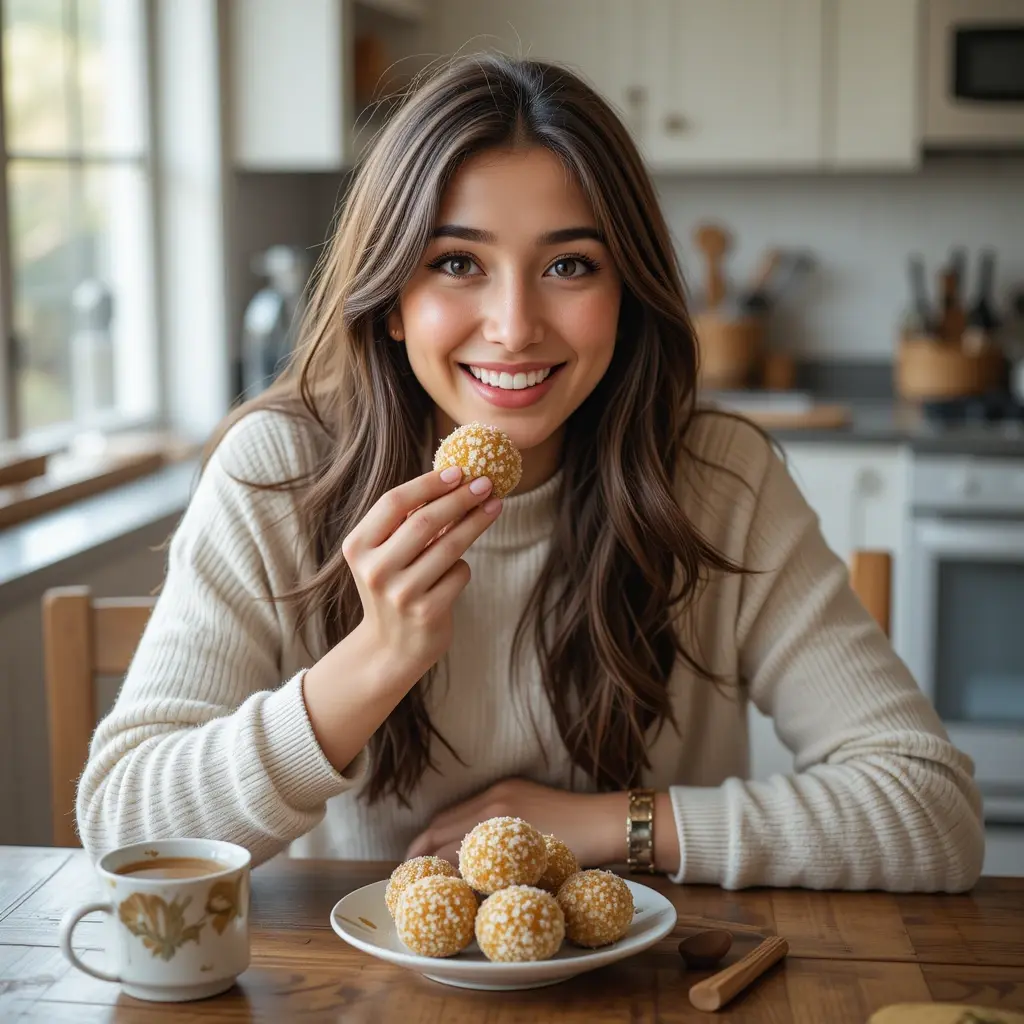 Smiling woman enjoying a Lemon Coconut Energy Ball at a kitchen table with tea 