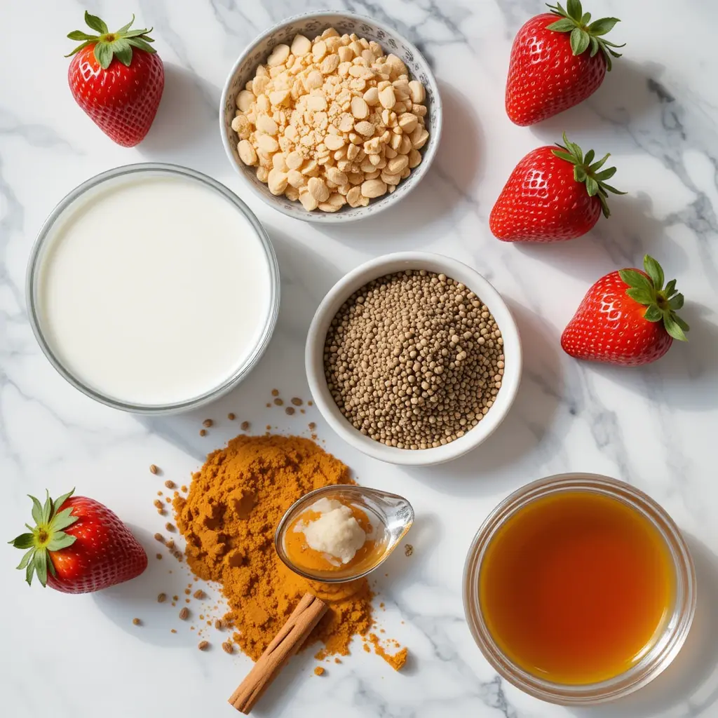 Flat lay of ingredients used in anti-inflammatory strawberry chia pudding. 