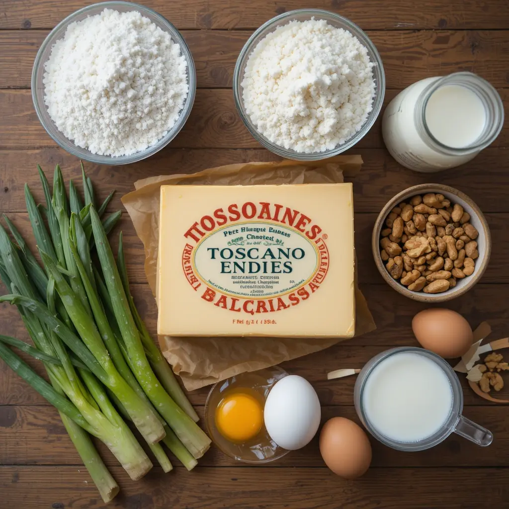 Toscano cheese, Belgian endives, eggs, and flour on a kitchen counter ready to be turned into a delicious dish. 