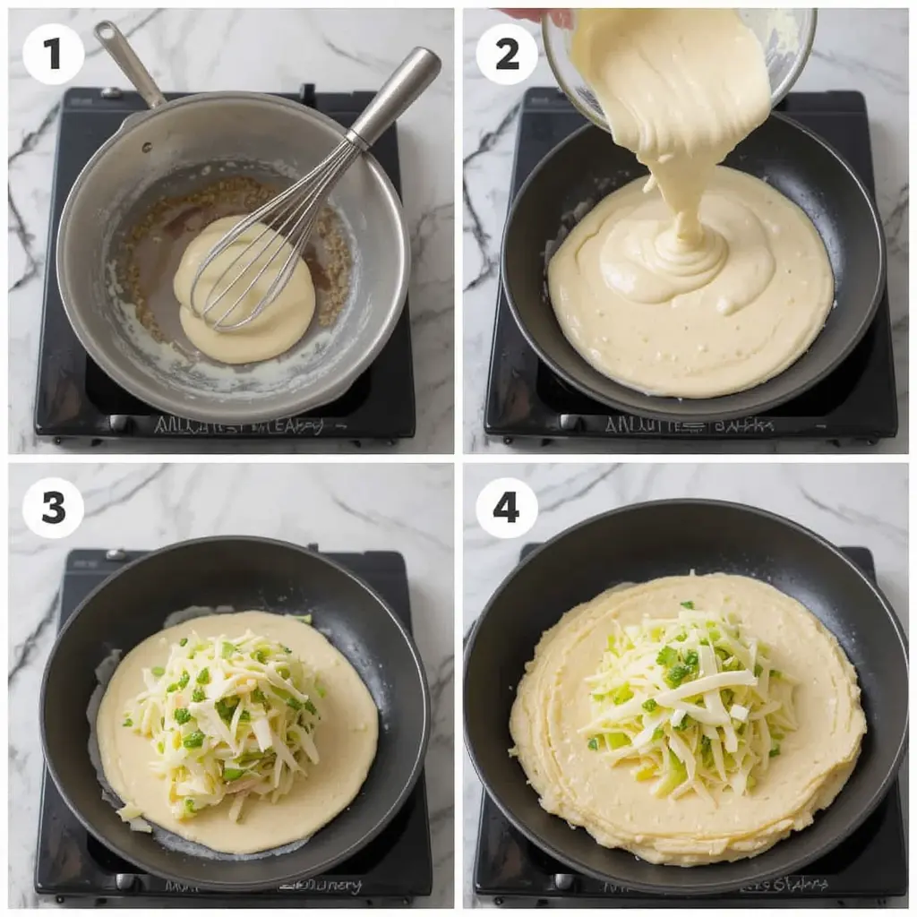 A visual collage showing crepe preparation and salad assembly steps.

