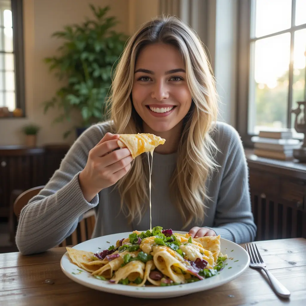 A happy person enjoying crepes filled with Toscano cheese and a side of endive salad. 