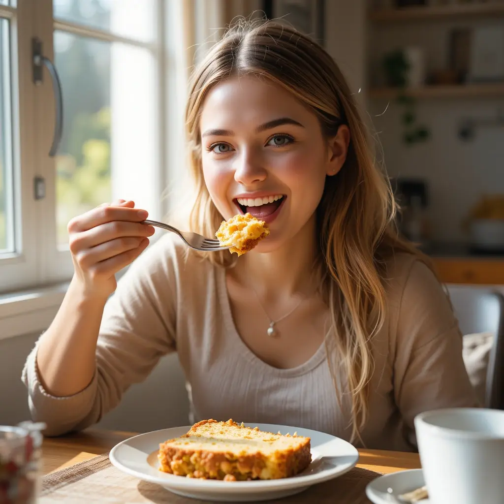 Woman enjoying a bite of keto egg loaf at breakfast table 