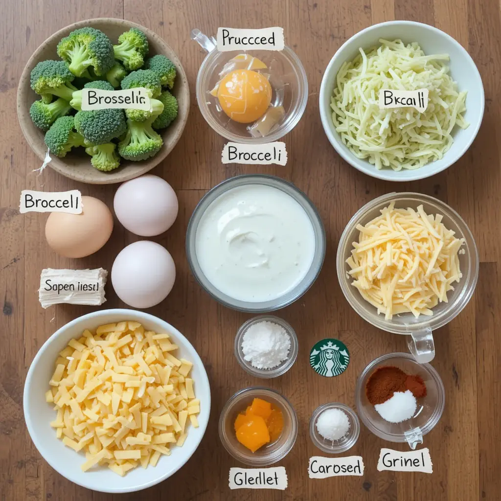 Ingredients for keto broccoli cheese egg bake laid out on kitchen counter 