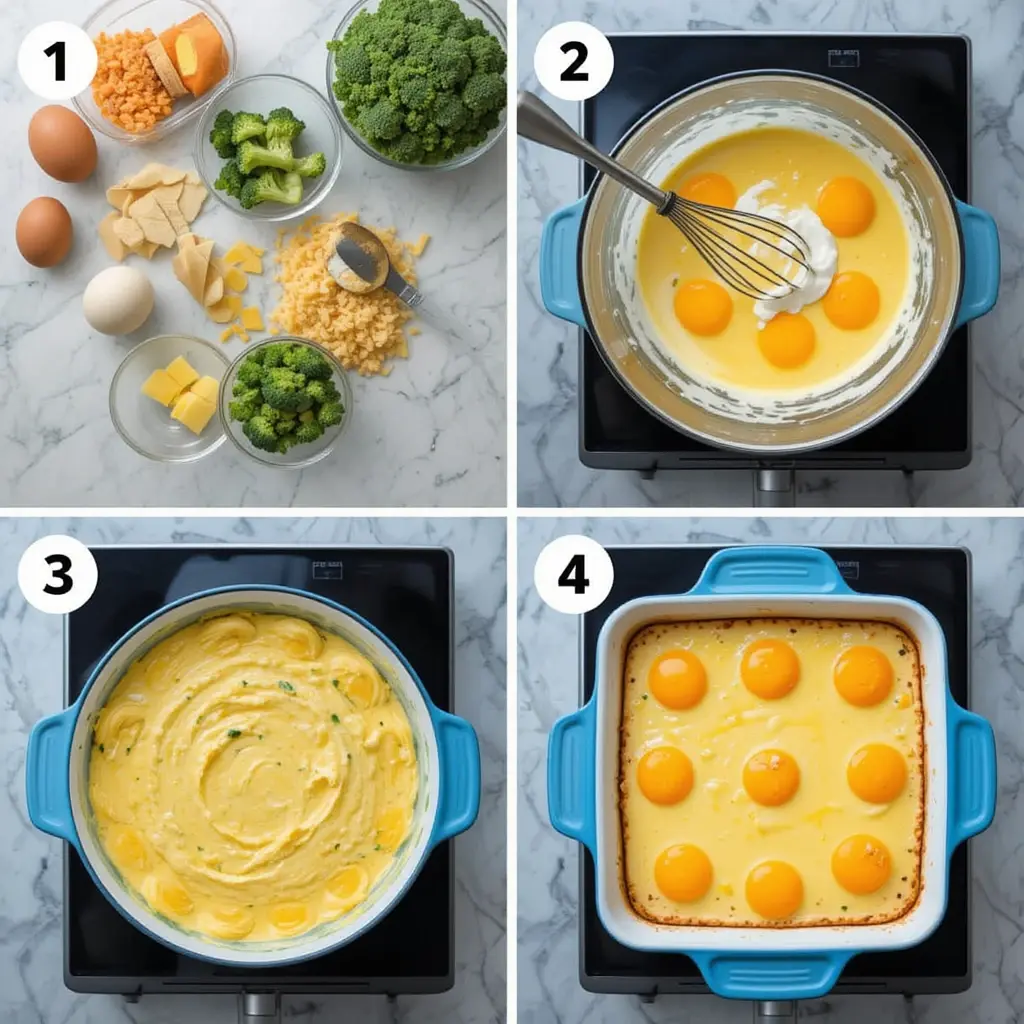 Step-by-step collage of cooking broccoli cheese egg bake from start to finish

