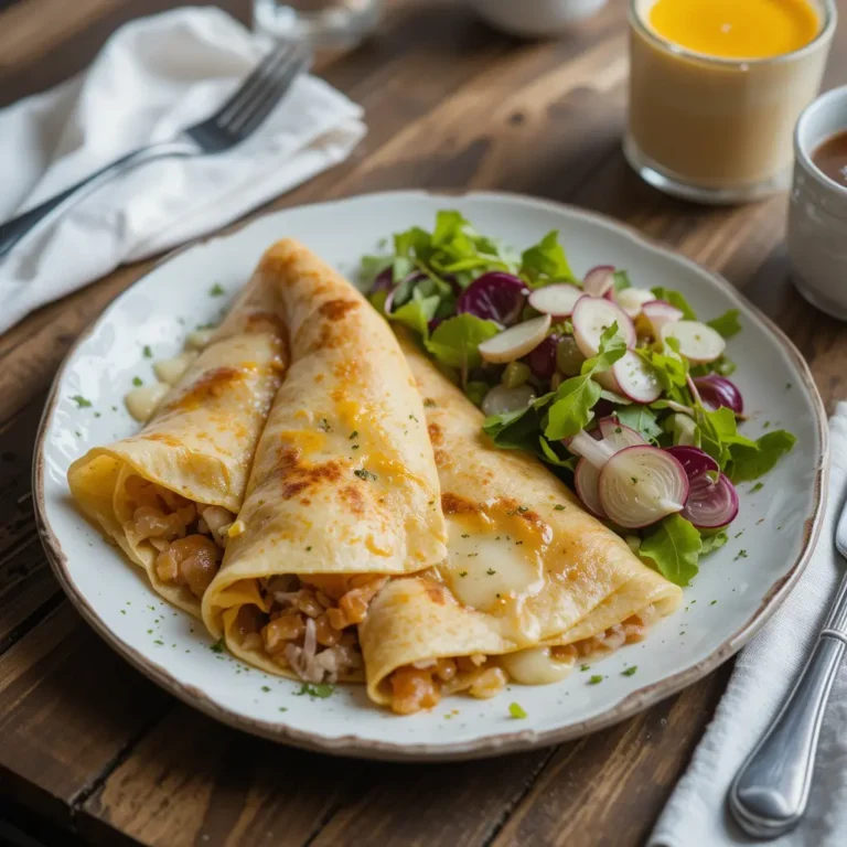 A beautifully plated serving of savory crepes filled with Toscano cheese, paired with endive salad on a rustic breakfast table.