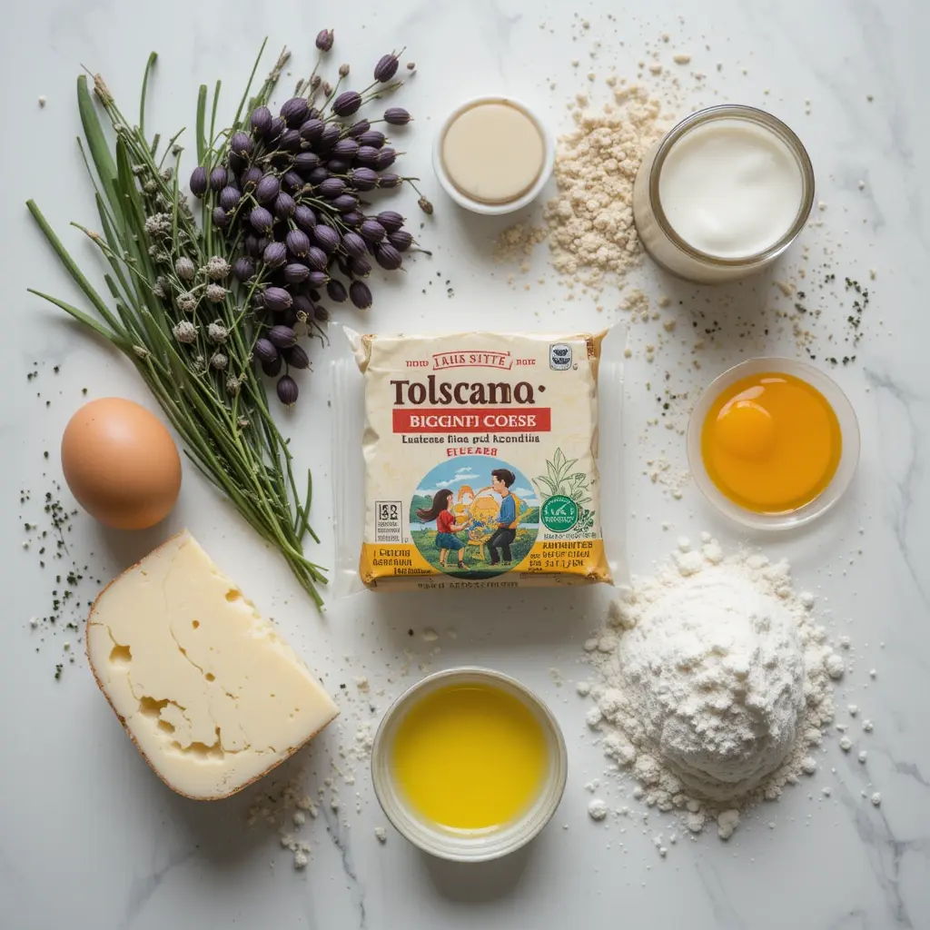 Flat lay of Toscano cheese, chopped endives, eggs, milk, and flour, showcasing ingredients used in a healthy crepe recipe. 