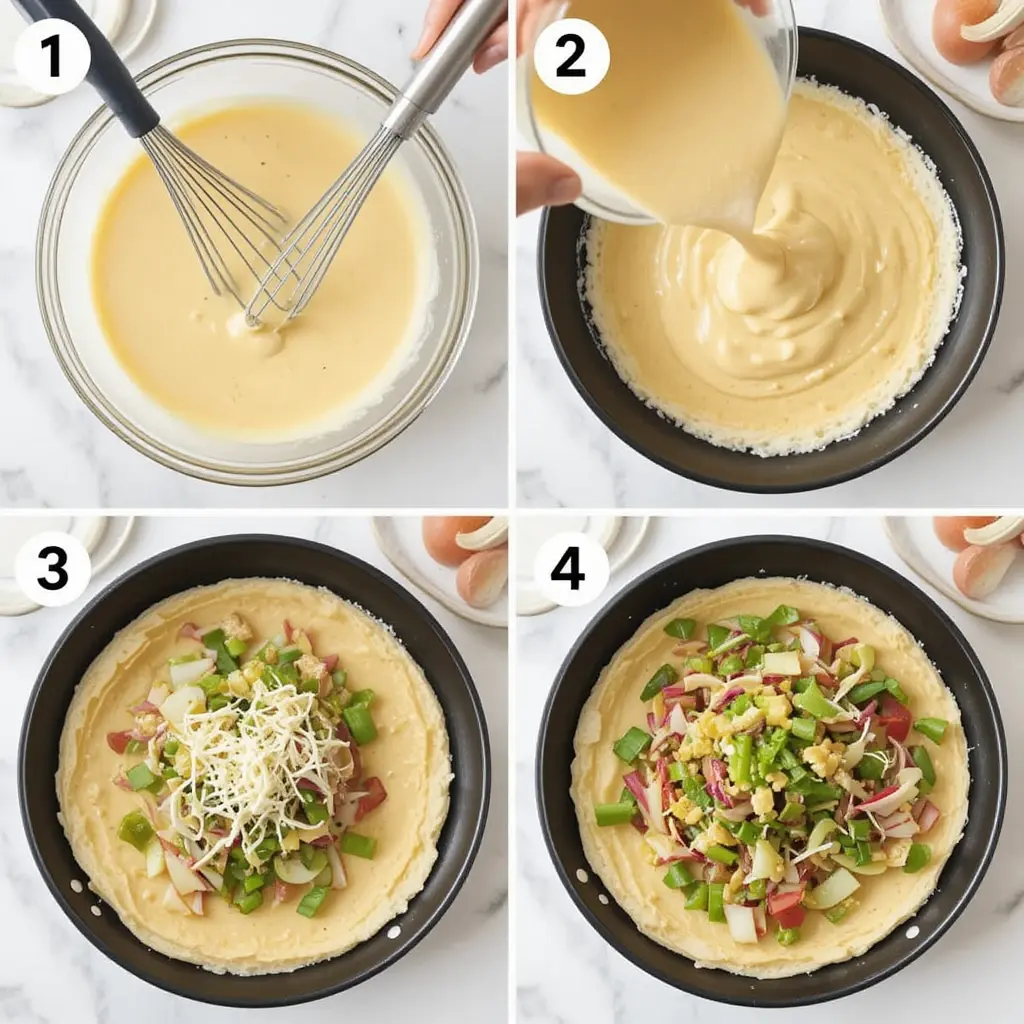 Collage of cooking steps: mixing crepe batter, cooking in a pan, adding cheese, and preparing the endive salad.

